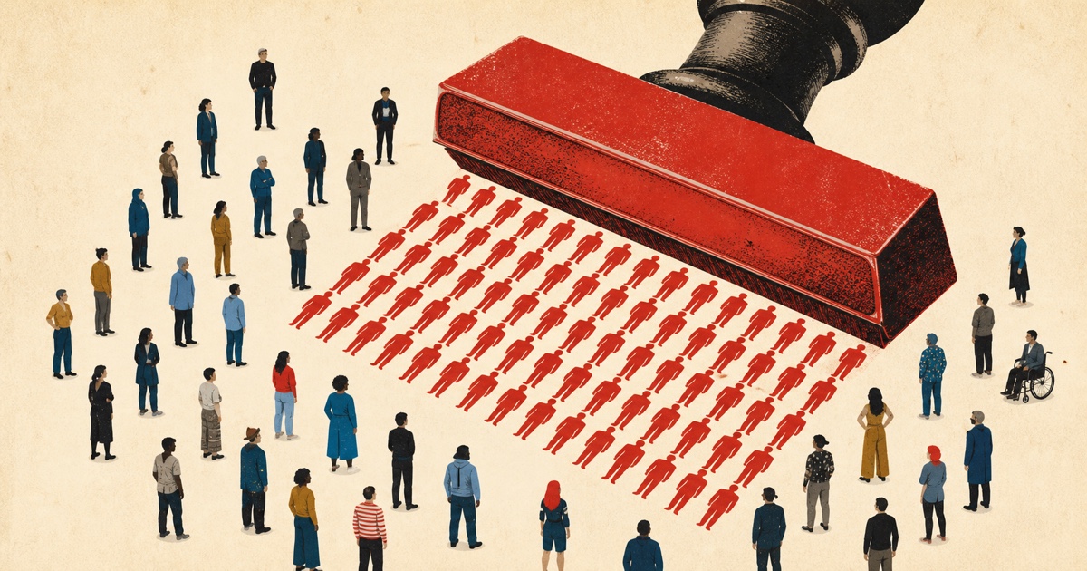 A giant red rubber stamp turns a varied crowd into rows of identical red figures.